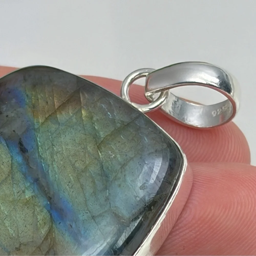 Southwest Pure Sterling Silver 925 Flash Labradorite Pendant Jasper Necklace